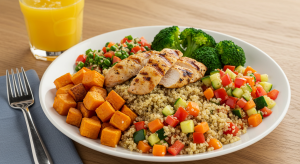 colorful smoothie bowl with banana and granola