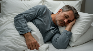 bedroom setup for healthy sleep routine with dark curtains and calm lighting