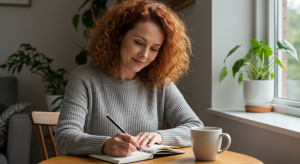 morning journaling routine with notebook and coffee woman writing gratitude journal in the morning healthy morning journaling habit for productivity