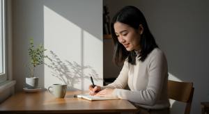 morning journaling routine with notebook and coffee woman writing gratitude journal in the morning healthy morning journaling habit for productivity