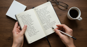 morning journaling routine with notebook and coffee woman writing gratitude journal in the morning healthy morning journaling habit for productivity