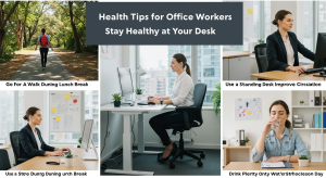 hydration and healthy snacks at office desk