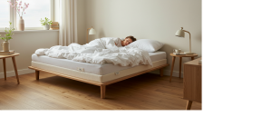 Sleepmaxxing bedroom with blackout curtains and soft lighting