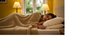 Person practicing Sleepmaxxing with evening tea and journal