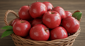 Basket filled with fresh red apples on a wooden table, representing the natural benefits of apples for health.