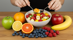 Apple and banana on table symbolizing daily healthy habits