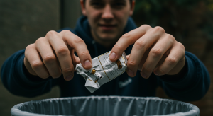 man symbolically breaking the giving up habit by throwing away an empty wrapper