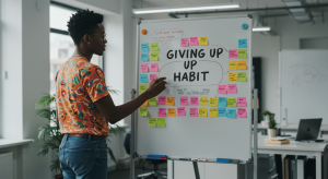 individual writing motivational goals on whiteboard to stop giving up habit