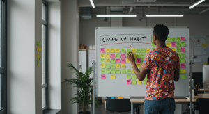 person planning to overcome the giving up habit with colorful sticky notes on whiteboard