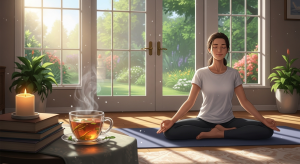 woman meditating in morning sunlight for mindfulness Mindful habits