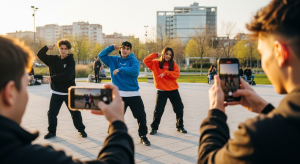 Young people filming a K-pop dance challenge with smartphones