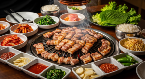 Korean BBQ table with grilled pork belly and side dishes 🥓