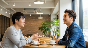 Korean men smiling and talking in a café