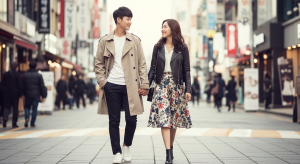 Korean couple walking in Seoul street