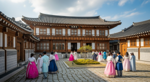Korean hanbok ceremony at a traditional house courtyard