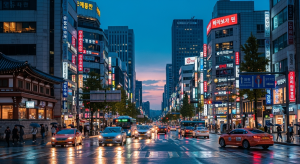 Street view of Seoul with traditional hanok next to modern buildings