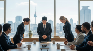 Business meeting in Seoul office showing polite bowing culture