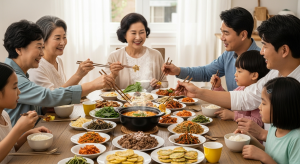 People sharing Korean food and side dishes at a family table