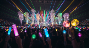 Korean K-pop concert crowd showing modern culture and bright stage lights