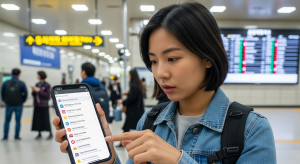 “Traveler checking emergency numbers for travel precautions in Korea”