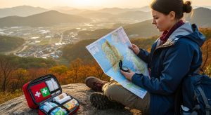 “Traveler with first-aid kit and map preparing for safe travel in Korea”