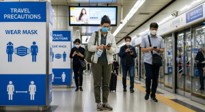 “Tourist at Seoul subway following travel precautions in Korea”