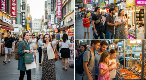 Foreign tourists exploring Myeong-dong shopping street