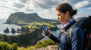 “Jeju Island traveler checking weather for safe hiking”