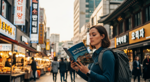 “Traveler following safe travel in South Korea guidebook in Seoul”