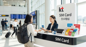 Traveler buying Korean SIM card at airport kiosk