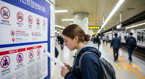 “Tourist reading safety sign in Seoul subway”Korea travel safety tips