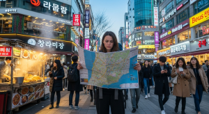 “Traveler using map near Myeongdong street”