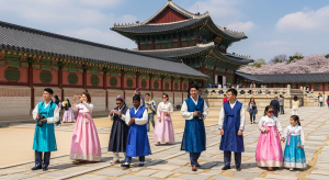 “Visitors wearing hanbok at Gyeongbokgung Palace — Korea travel guide Seoul edition image”